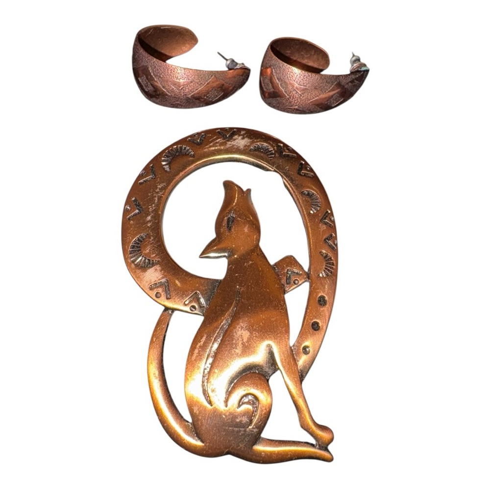 Southwest Series Copper Coyote Brooch & Hoop Earrings Set, NOS USA J20